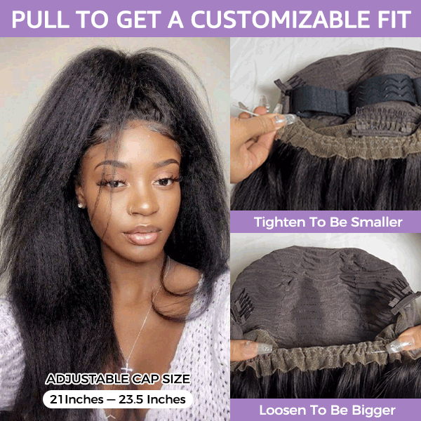 Kinky Straight Invisi-Drawstring Flexible Fit 360 Lace Front Glueless Wig With Bleached Knots